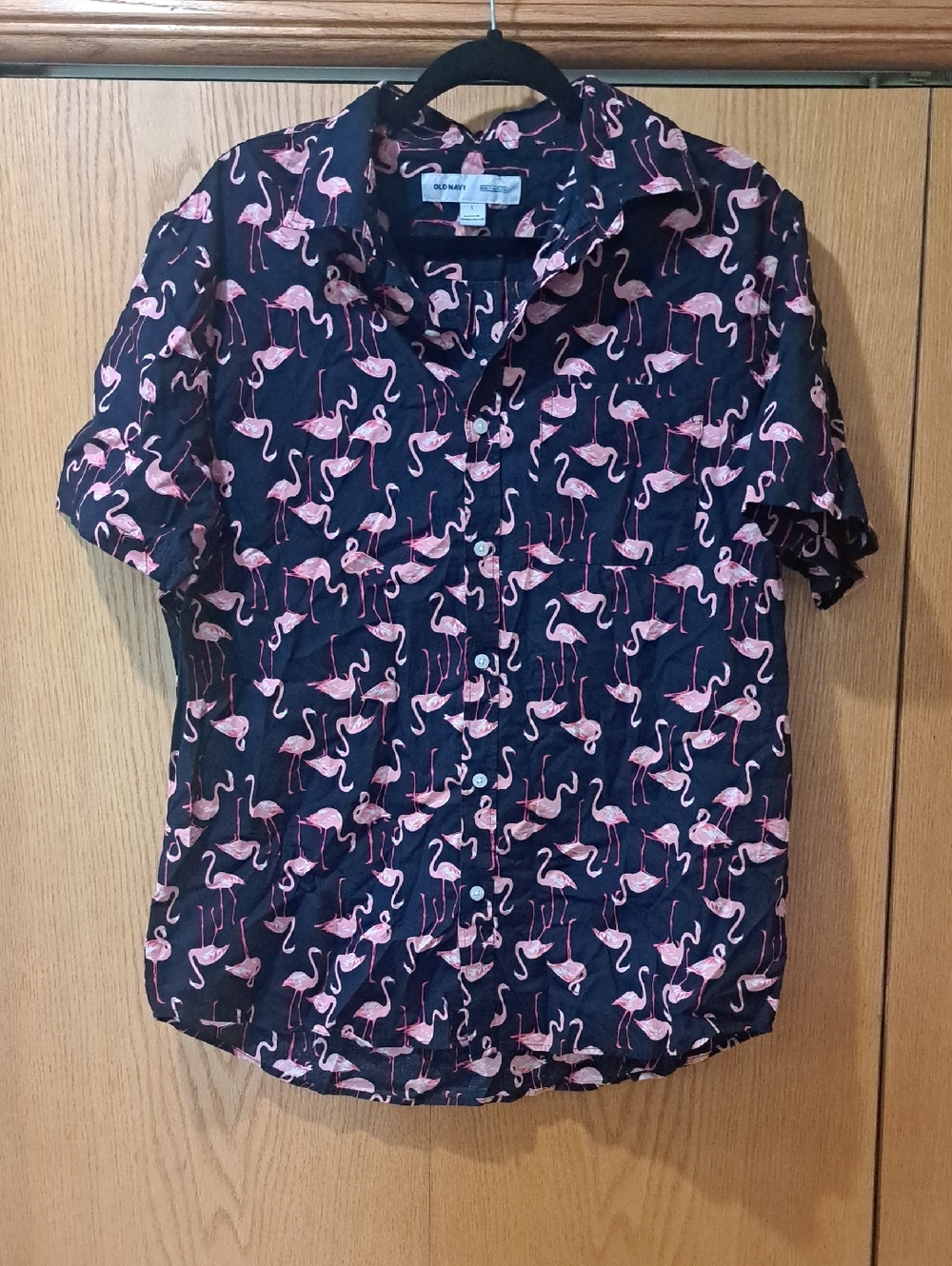 Old Navy Navy Blue Short-Sleeve Button-Up Shirt with Pink Flamingo Print